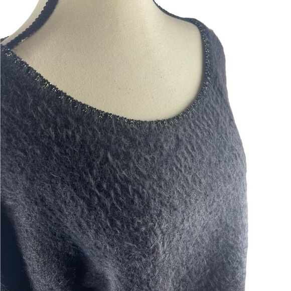 Gemo charcoal gray soft fuzzy sweater w gold metallic neck & /sleeve trim sz L - Picture 2 of 8